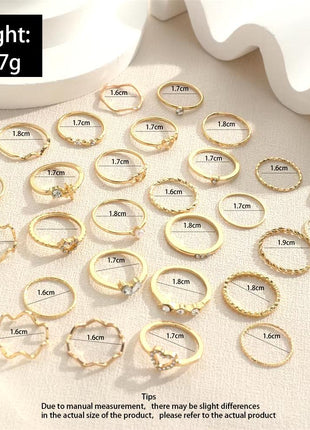  Fashion Simple Wave & Crystal Heart Rings Set