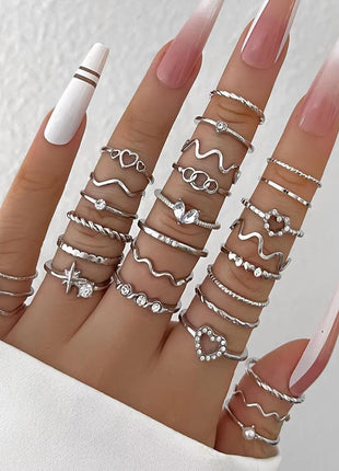  Fashion Simple Wave & Crystal Heart Rings Set
