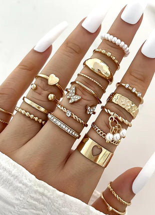  Fashion Simple Wave & Crystal Heart Rings Set