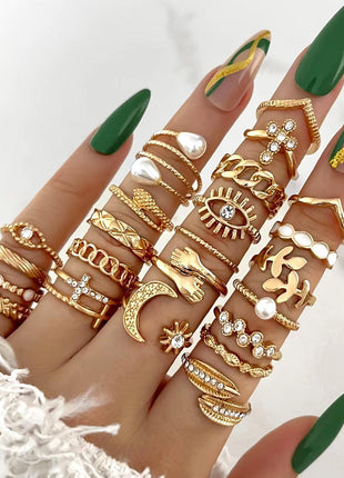  Fashion Simple Wave & Crystal Heart Rings Set