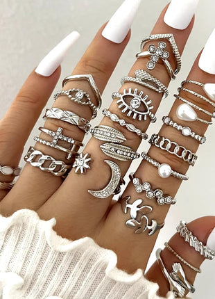  Fashion Simple Wave & Crystal Heart Rings Set