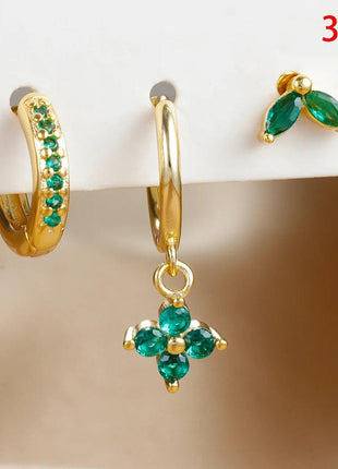 3PCS Green Zircon Hanging Earrings Set