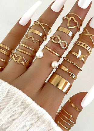  Fashion Simple Wave & Crystal Heart Rings Set