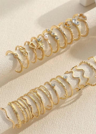  Fashion Simple Wave & Crystal Heart Rings Set