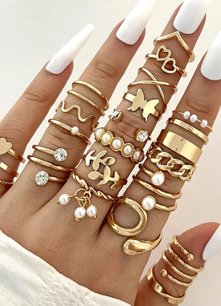  Fashion Simple Wave & Crystal Heart Rings Set