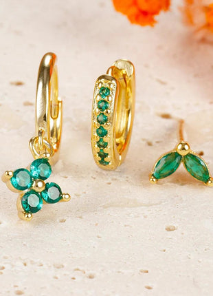 3PCS Green Zircon Hanging Earrings Set