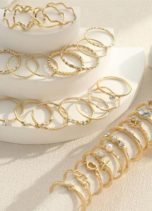  Fashion Simple Wave & Crystal Heart Rings Set