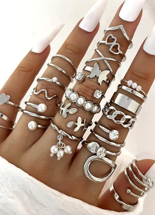  Fashion Simple Wave & Crystal Heart Rings Set