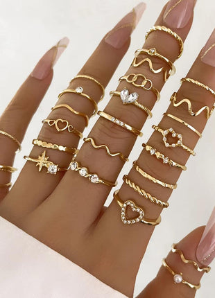  Fashion Simple Wave & Crystal Heart Rings Set