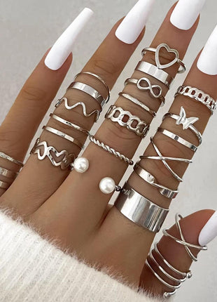  Fashion Simple Wave & Crystal Heart Rings Set