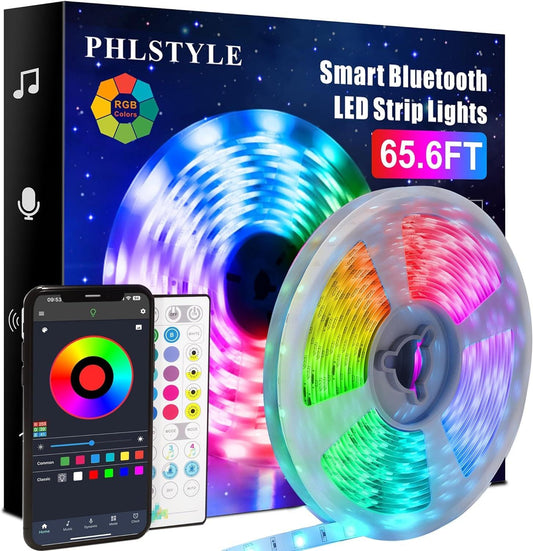 65.6ft Bluetooth LED Light Strip with Music Sync and Mic Mode RGB 16M Color Change