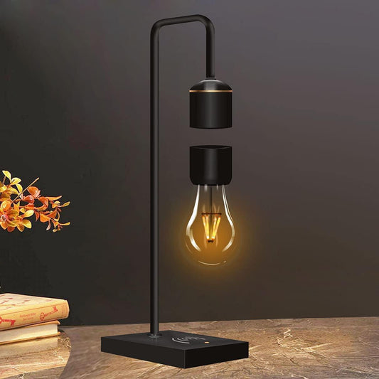 Innovative Levitating Lamp with Floating Light Bulb, Qi Wireless Charger, and Sleek Modern Design, Warm Decorative Night Light Experience in Black.